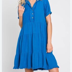 Vibrant Blue Tiered Linen Dress By Umgee -Small